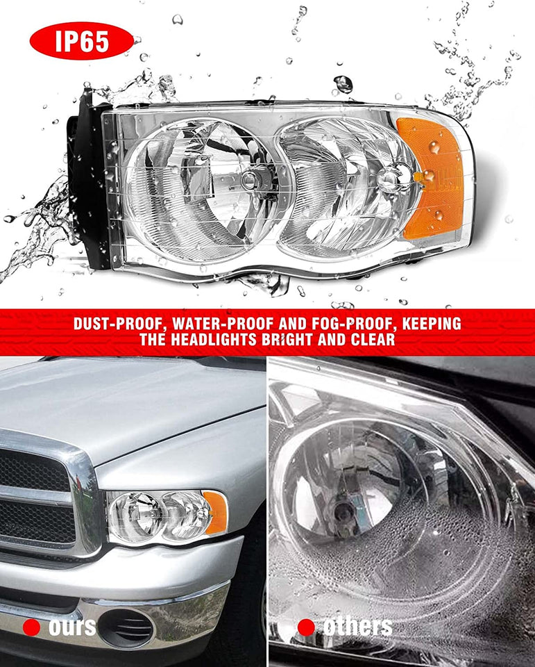 2002-2005 Dodge Ram Headlight Assembly For 1500 2500 3500 20032005 Clear Chrome Lens With Amber Reflector Replacement Left Right - JSI Racing 