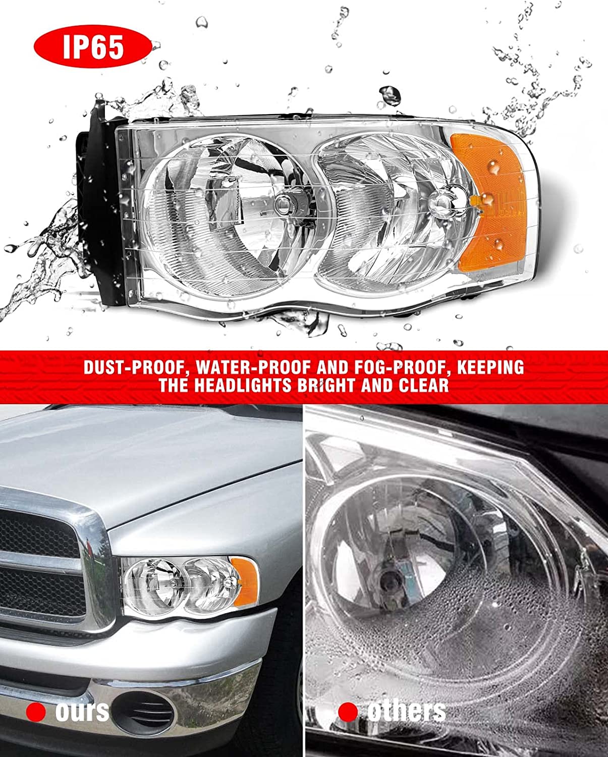 2002-2005 Dodge Ram Headlight Assembly For 1500 2500 3500 20032005 Clear Chrome Lens With Amber Reflector Replacement Left Right - JSI Racing 
