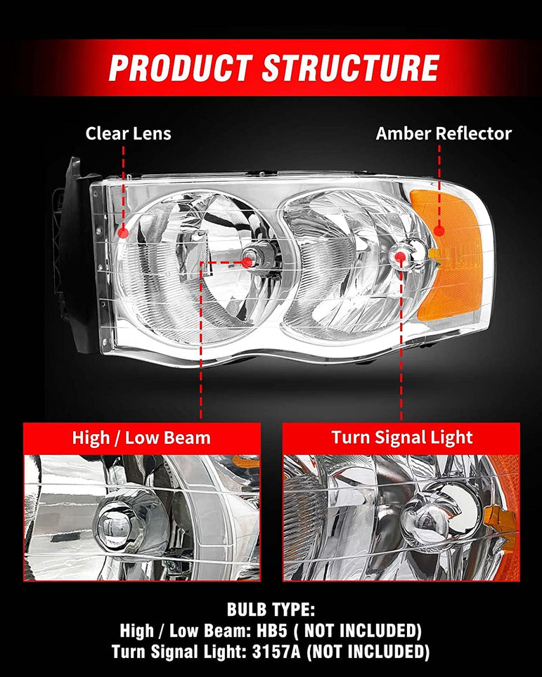 2002-2005 Dodge Ram Headlight Assembly For 1500 2500 3500 20032005 Clear Chrome Lens With Amber Reflector Replacement Left Right - JSI Racing 
