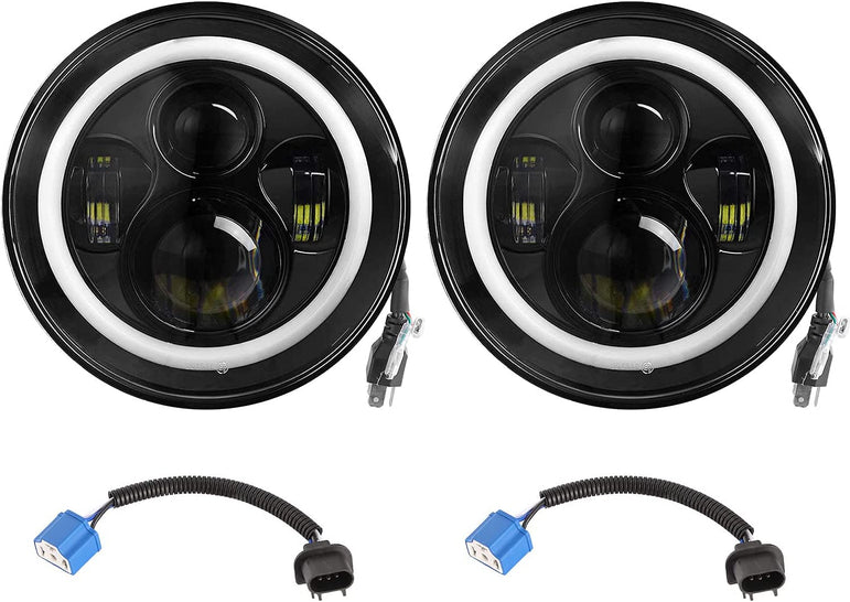 Moclever Round Halo LED Headlight 2pcs 7 Inch Headlights 6000 Lumens Offroad Light Angle Eyes Compatible With Jep Wrangler Tj Jk Cj H4 To H13 Adapter Plug And Play - JSI Racing 