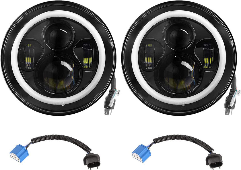 Moclever Round Halo LED Headlight 2pcs 7 Inch Headlights 6000 Lumens Offroad Light Angle Eyes Compatible With Jep Wrangler Tj Jk Cj H4 To H13 Adapter Plug And Play - JSI Racing 