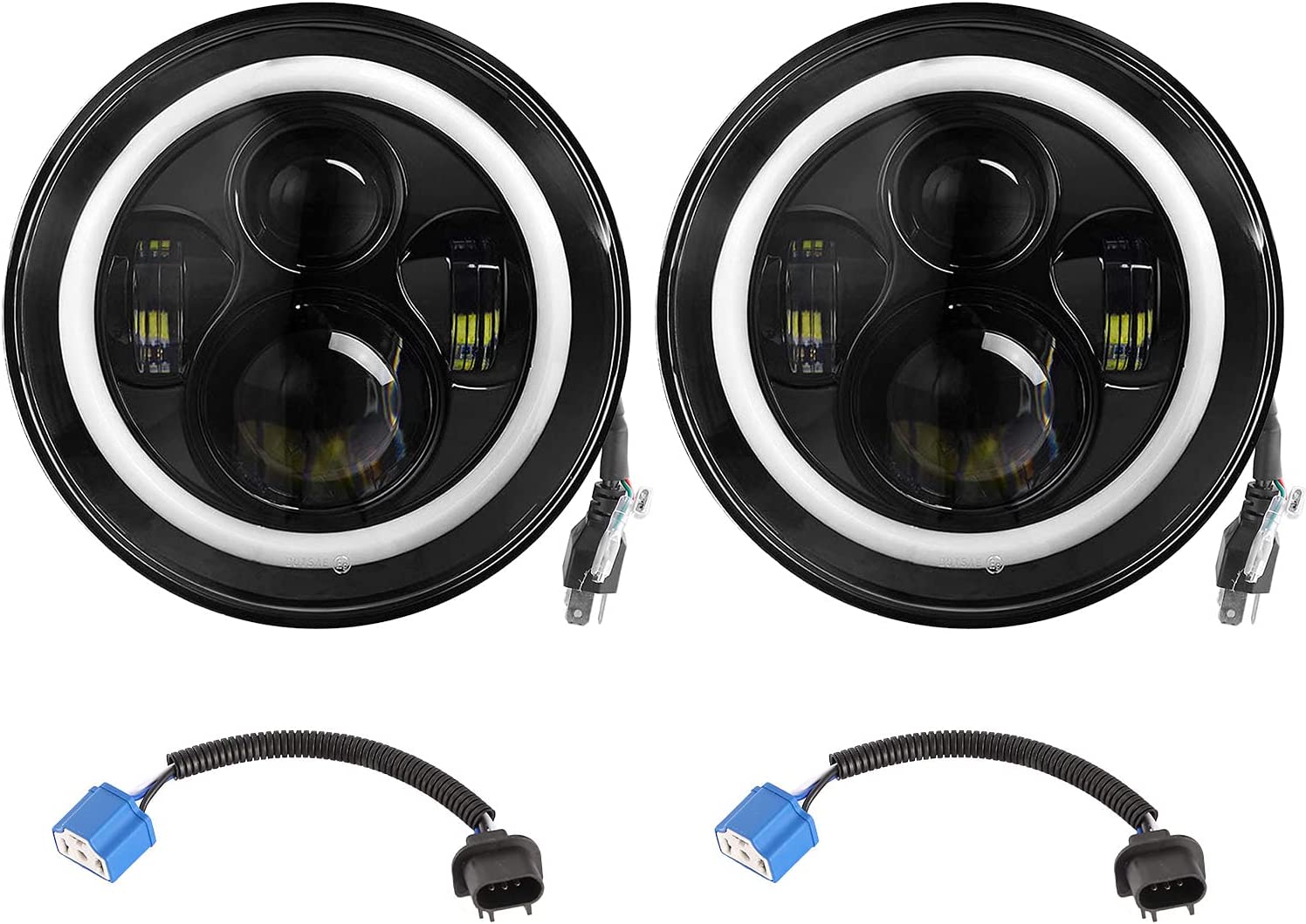 Moclever Round Halo LED Headlight 2pcs 7 Inch Headlights 6000 Lumens Offroad Light Angle Eyes Compatible With Jep Wrangler Tj Jk Cj H4 To H13 Adapter Plug And Play - JSI Racing 