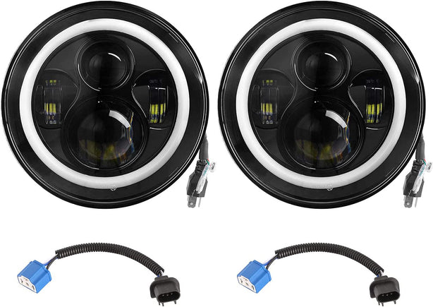 Moclever Round Halo LED Headlight 2pcs 7 Inch Headlights 6000 Lumens Offroad Light Angle Eyes Compatible With Jep Wrangler Tj Jk Cj H4 To H13 Adapter Plug And Play - JSI Racing 