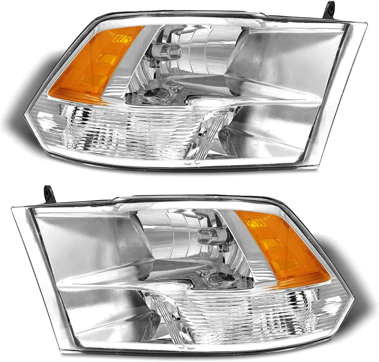 2009-2018 Dodge Ram Headlight Assembly Compatible with Ram 1500 / Ram 2500 3500 / 2010-2018 / Ram 2500 3500 / 2019-2021 Ram 1500 Classic, Chrome Housing Amber Reflector Replacement - JSI Racing 