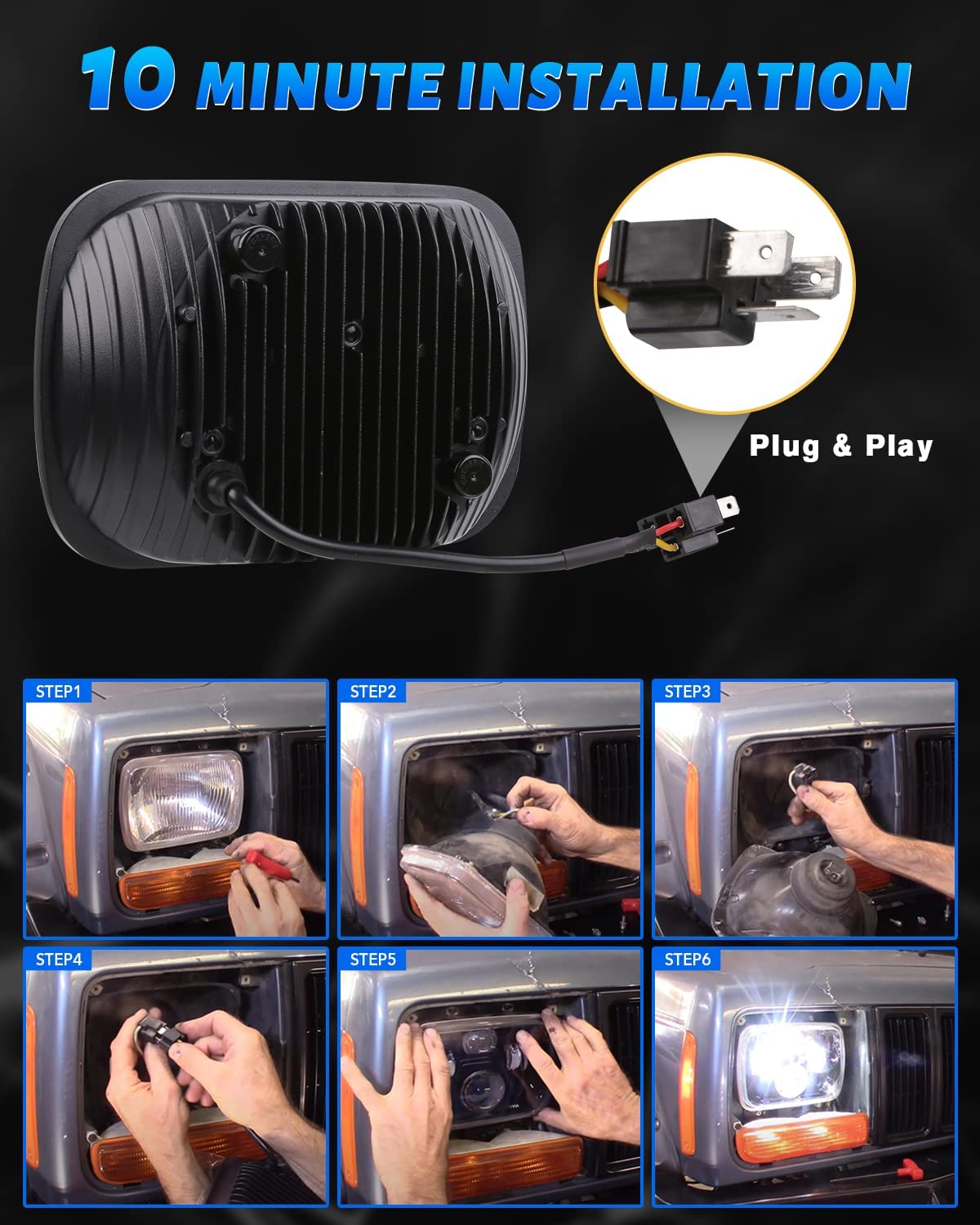 7x6 5x7 H6054 LED Headlights H6054 High Low Sealed Beam DOT 110W 8400lm Compatible with Jeep Cherokee XJ Wrangler YJ Comanche MJ GMC Savana Safari Ford Replacement Black - JSI Racing 
