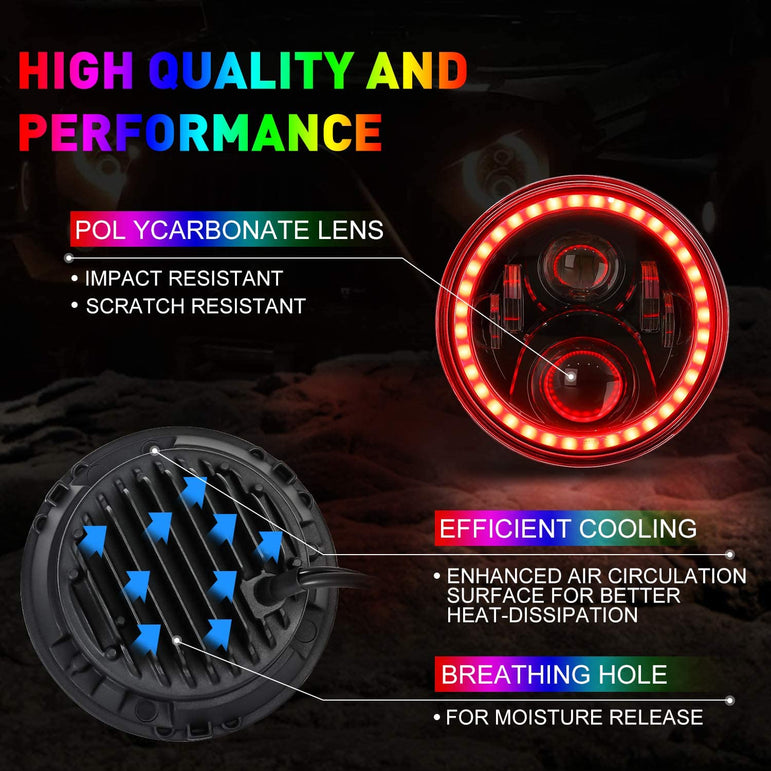 1997-2018 Jeep Wrangler 7 Inch RGB Halo Headlights And Fog Lights Bluetooth Color Control Dot Kits For 19972018 Jk Jku Tj Ljw Ring Drl Amber Turn Signal hi/lo Beam Multicolor - JSI Racing 