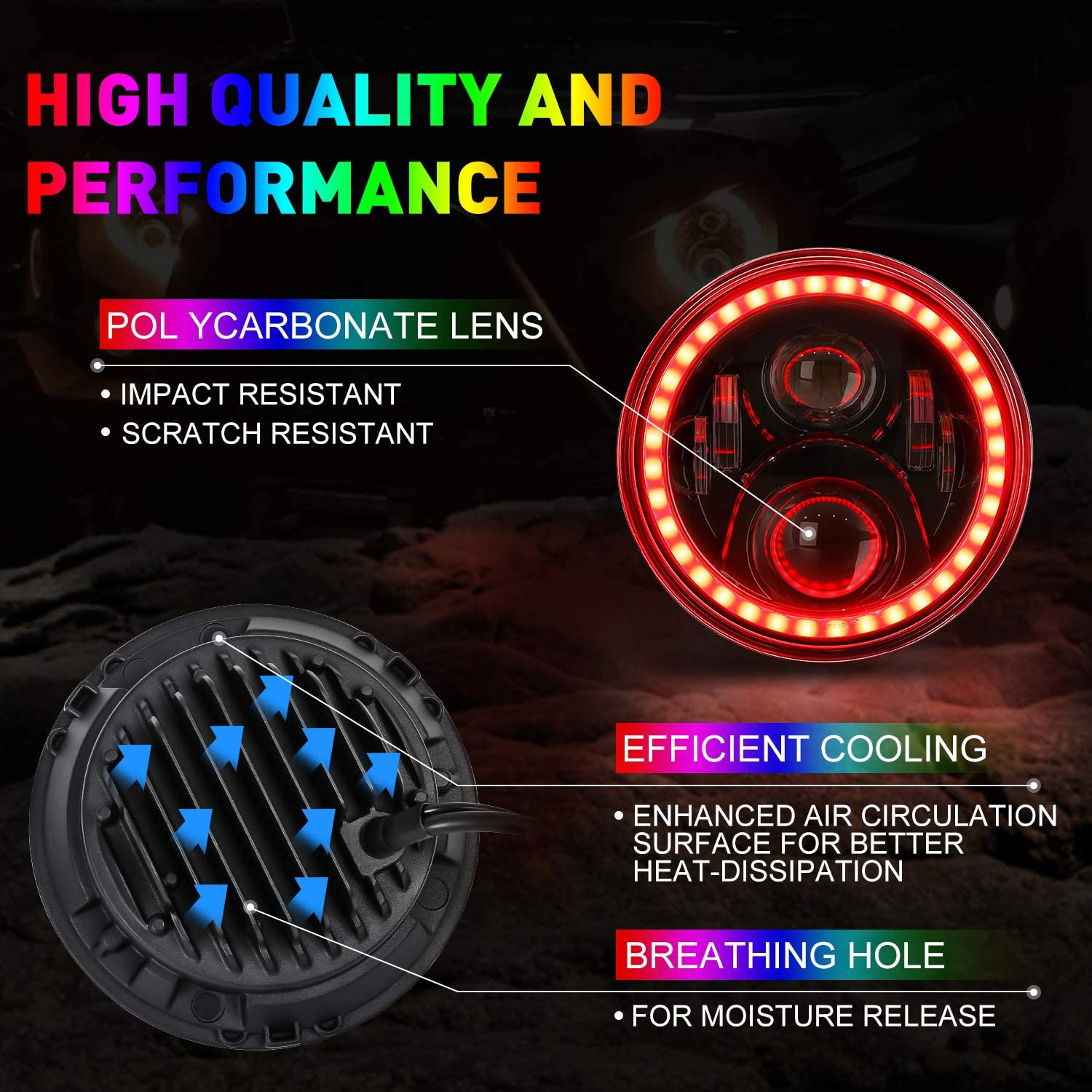 1997-2018 Jeep Wrangler 7 Inch RGB Halo Headlights And Fog Lights Bluetooth Color Control Dot Kits For 19972018 Jk Jku Tj Ljw Ring Drl Amber Turn Signal hi/lo Beam Multicolor - JSI Racing 