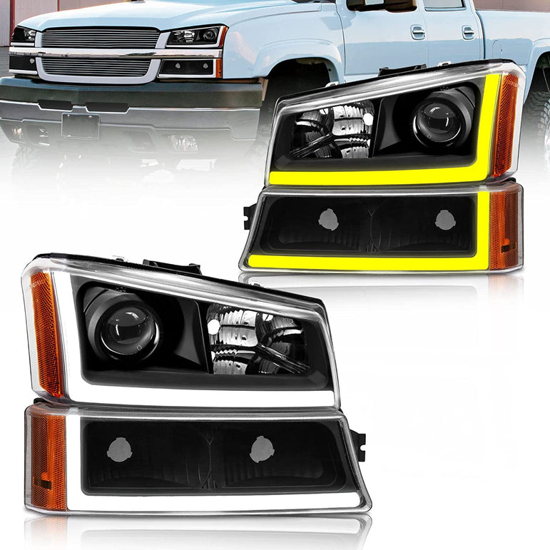 2003-2006 Silverado Headlight Assembly For Chevy Avalanche 150025003500 Clear Chrome Lens With Amber Reflector Replacement Left And Right - JSI Racing 