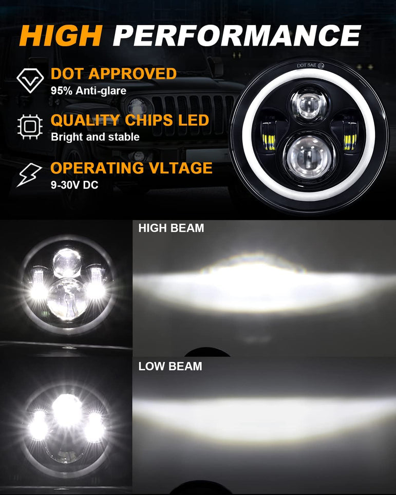 MGLLIGHT 7 Inch Round LED Headlights Halo Angel Eyes DRL Amber Turn Signal Lights H6024 High/Low Sealed Beam LED Headlights Compatible with Jeep Wrangler JK LJ CJ TJ with H4 H13 Adapter, 2PCS - JSI Racing 