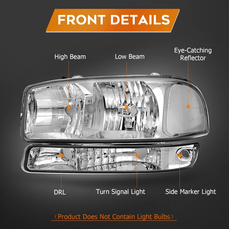 Lbrst Headlight Assembly For Gmc Sierra 1500 19992006 Classic 2007 2500 19992004 Chrome Housing Reflector Clear Lens Driver And Passenger Side Headlamp - JSI Racing 