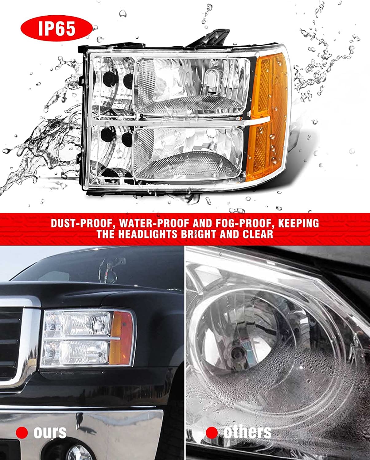 2007-2014 Sierra Headlight Assembly Compatible With Gmc 1500 0714 2500hd 3500hd Chrome Housing Amber Reflector Replacement Left And Right - JSI Racing 