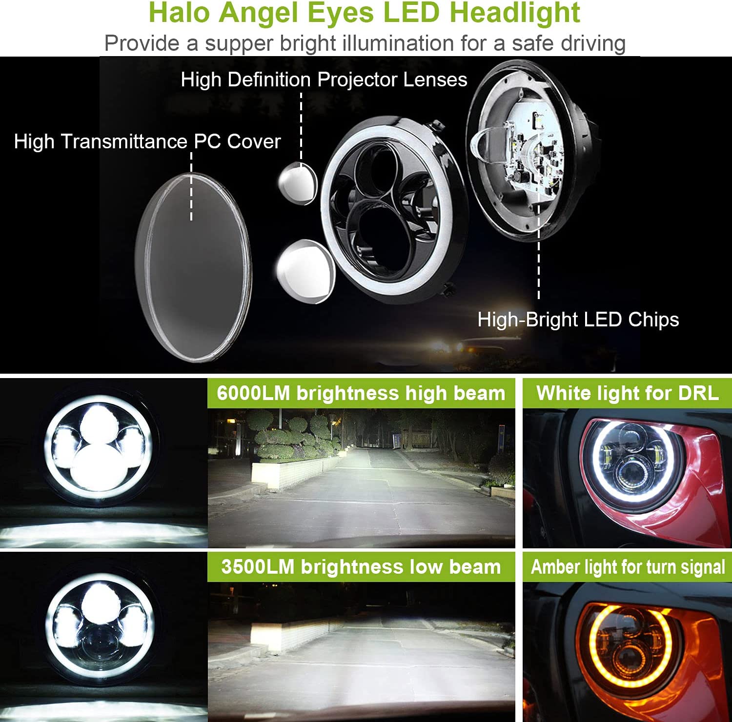 Moclever Round Halo LED Headlight 2pcs 7 Inch Headlights 6000 Lumens Offroad Light Angle Eyes Compatible With Jep Wrangler Tj Jk Cj H4 To H13 Adapter Plug And Play - JSI Racing 