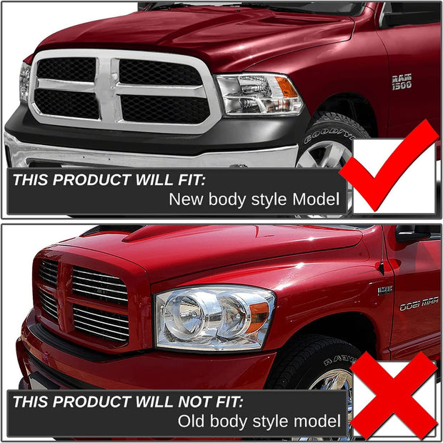 2009-2018 Dodge Ram Headlight Assembly Compatible with Ram 1500 / Ram 2500 3500 / 2010-2018 / Ram 2500 3500 / 2019-2021 Ram 1500 Classic, Chrome Housing Amber Reflector Replacement - JSI Racing 