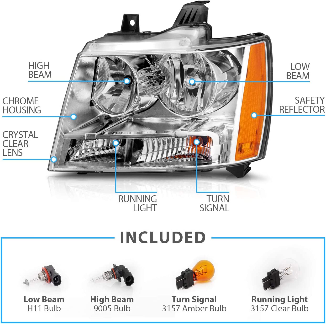Amerilite For Chevy 0713 Tahoesuburbanavalanche Factory Style Replacement Headlights Pair Driver And Passenger Side Chrome Housing - JSI Racing 
