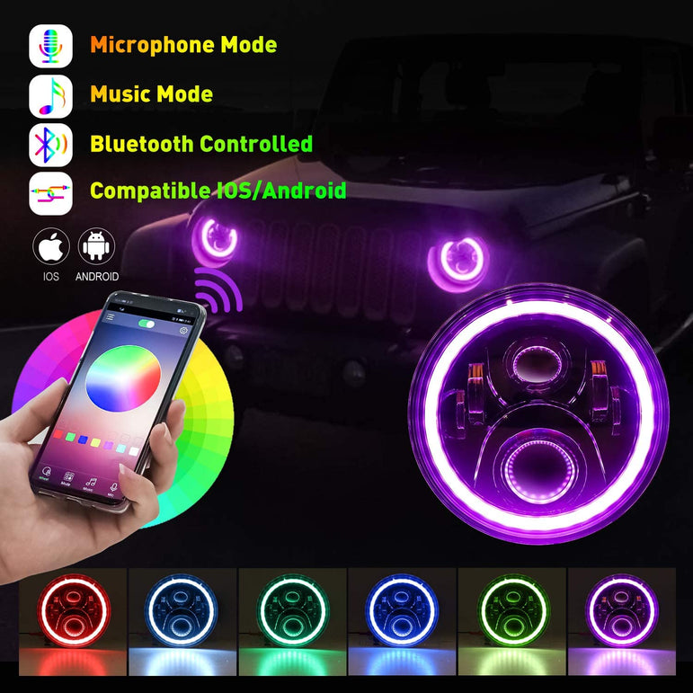 1997-2018 Jeep Wrangler 7 Inch RGB Halo Headlights And Fog Lights Bluetooth Color Control Dot Kits For 19972018 Jk Jku Tj Ljw Ring Drl Amber Turn Signal hi/lo Beam Multicolor - JSI Racing 