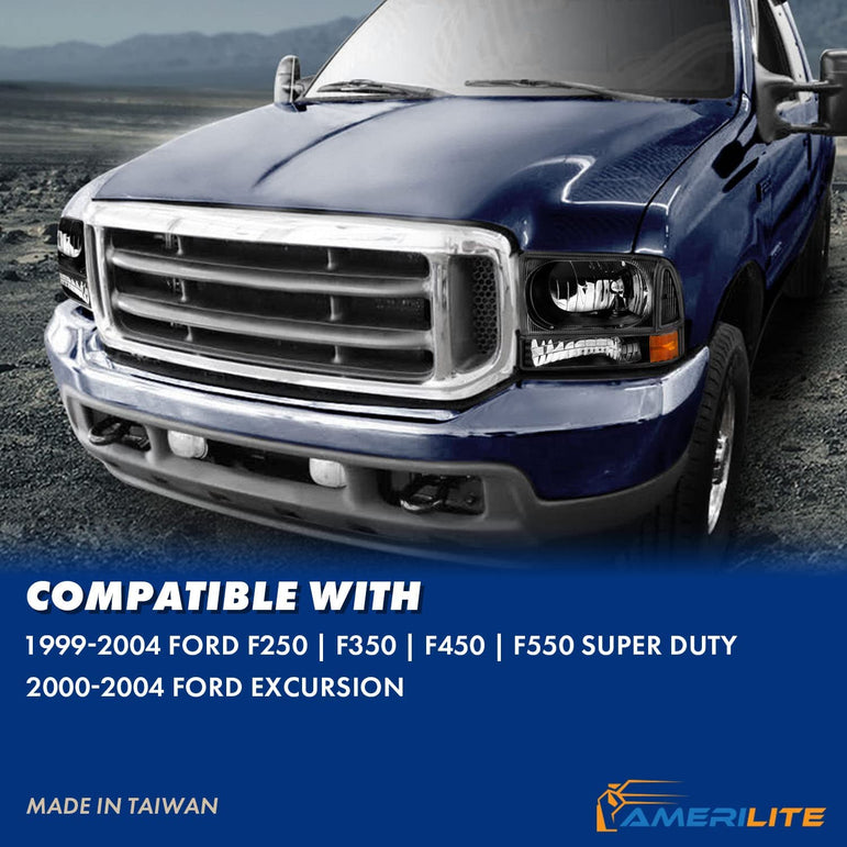 Amerilite For Ford Super Duty F250 F350 F450 F550 Excursion Chrome Factory Style Replacement Headlights Wbumper Corner Set Passenger And Driver Side - JSI Racing 