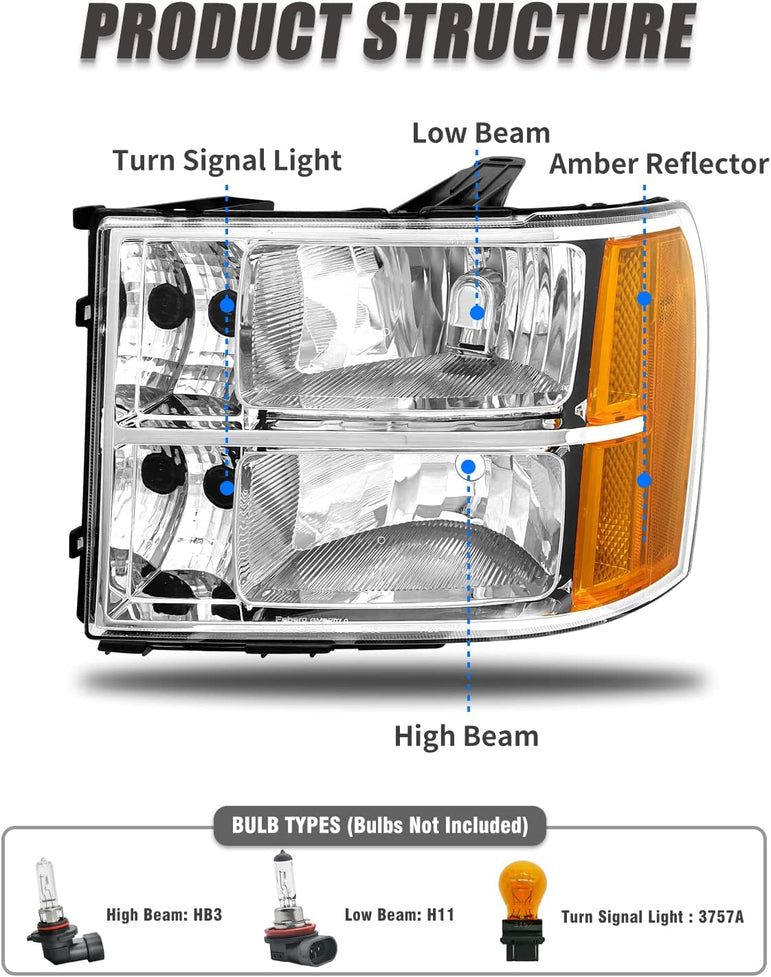 2007-2014 Sierra Headlight Assembly Compatible With Gmc 1500 0714 2500hd 3500hd Chrome Housing Amber Reflector Replacement Left And Right - JSI Racing 