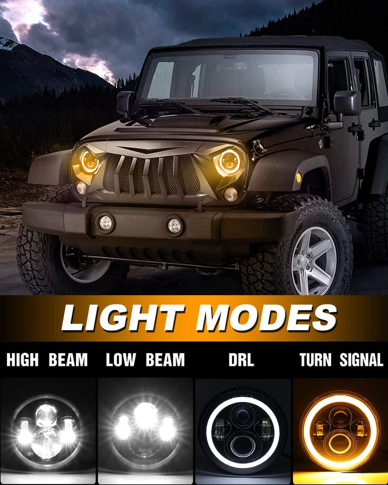 MGLLIGHT 7 Inch Round LED Headlights Halo Angel Eyes DRL Amber Turn Signal Lights H6024 High/Low Sealed Beam LED Headlights Compatible with Jeep Wrangler JK LJ CJ TJ with H4 H13 Adapter, 2PCS - JSI Racing 