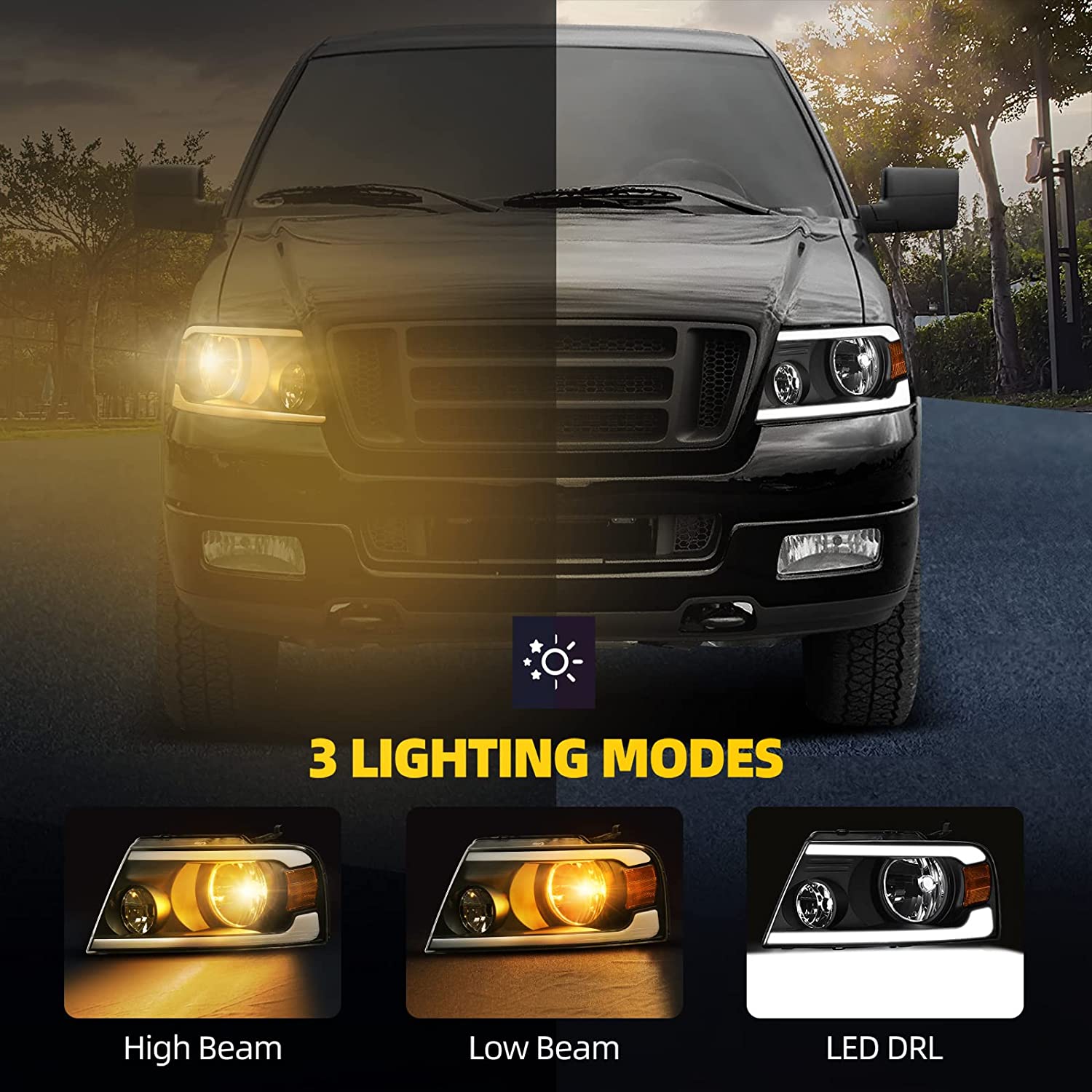 2004-2008 Ford F150 Switchback Turn Signal Headlights With Black Housing - JSI Racing 