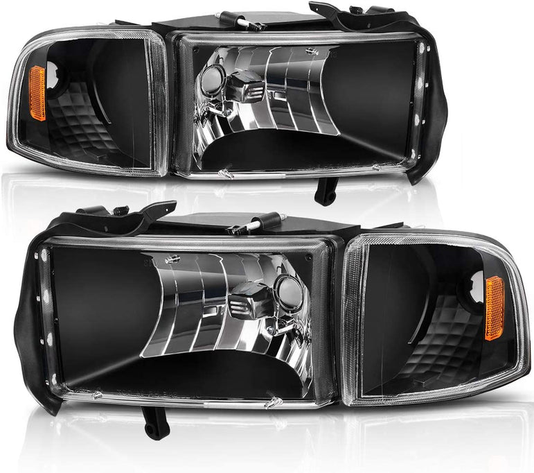 Autosaver88 Headlight Assembly Compatible With 1994 1996 1997 1998 1999 2000 2001 2002 Dodge Ram 15002002 Pickup 2500 3500 Black Housing Amber Reflector Corner Lights - JSI Racing 