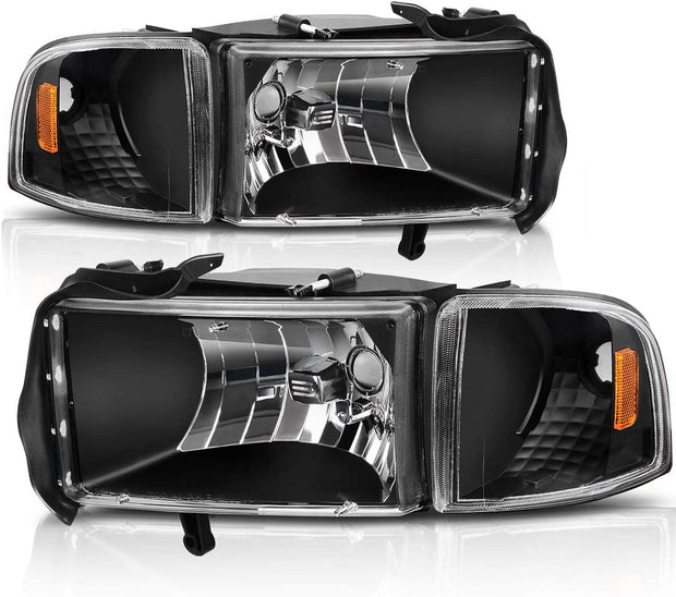 Autosaver88 Headlight Assembly Compatible With 1994 1996 1997 1998 1999 2000 2001 2002 Dodge Ram 15002002 Pickup 2500 3500 Black Housing Amber Reflector Corner Lights - JSI Racing 
