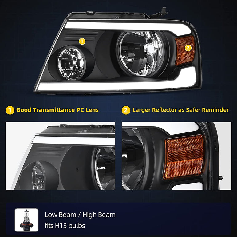 2004-2008 Ford F150 Switchback Turn Signal Headlights With Black Housing - JSI Racing 