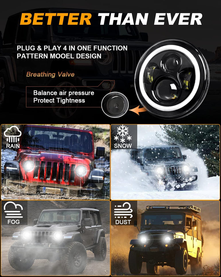 MGLLIGHT 7 Inch Round LED Headlights Halo Angel Eyes DRL Amber Turn Signal Lights H6024 High/Low Sealed Beam LED Headlights Compatible with Jeep Wrangler JK LJ CJ TJ with H4 H13 Adapter, 2PCS - JSI Racing 