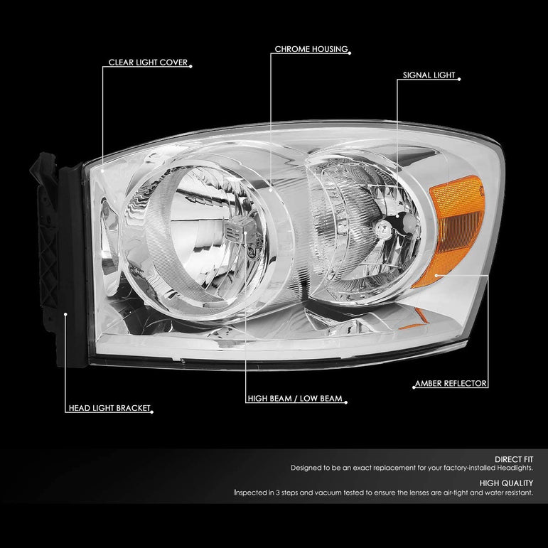 Auto Dynasty Factory Style Headlights Compatible With 0609 Dodge Ram 1500 2500 3500 Driver And Passenger Side Clear Lens Chrome Housing - JSI Racing 