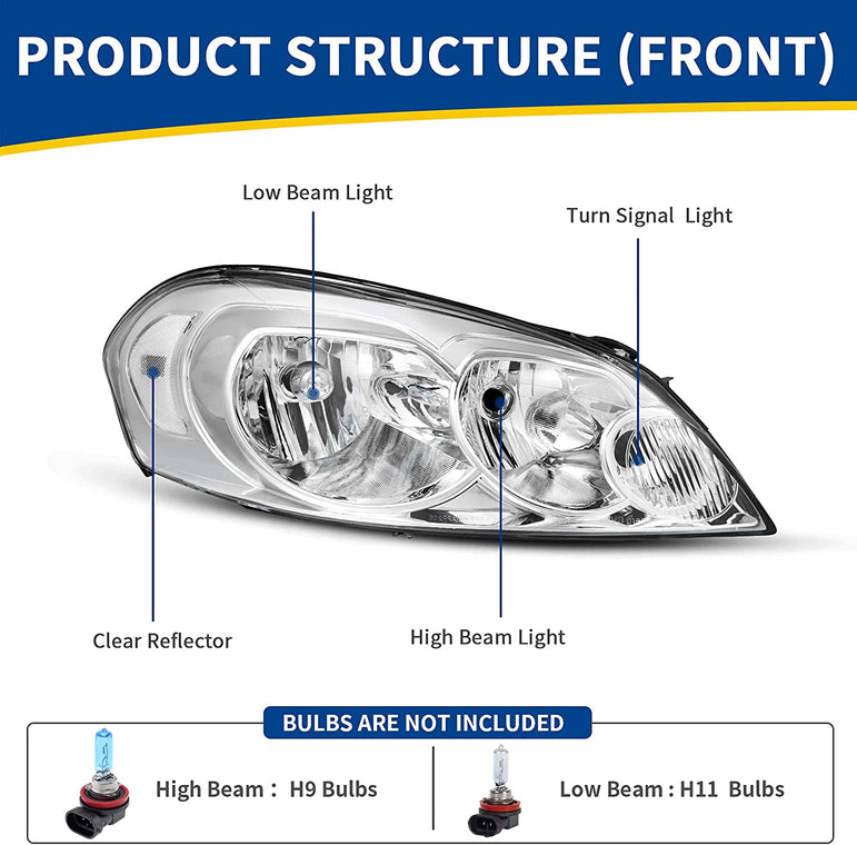 Autosaver88 Headlights Assembly Pair Compatible With 0613 Chevrolet Impala 1416 Chevy Limited 06 07 Monte Carlo Headlamp Replacement Chrome Housing Reflector A Clear Lens Oe - JSI Racing 