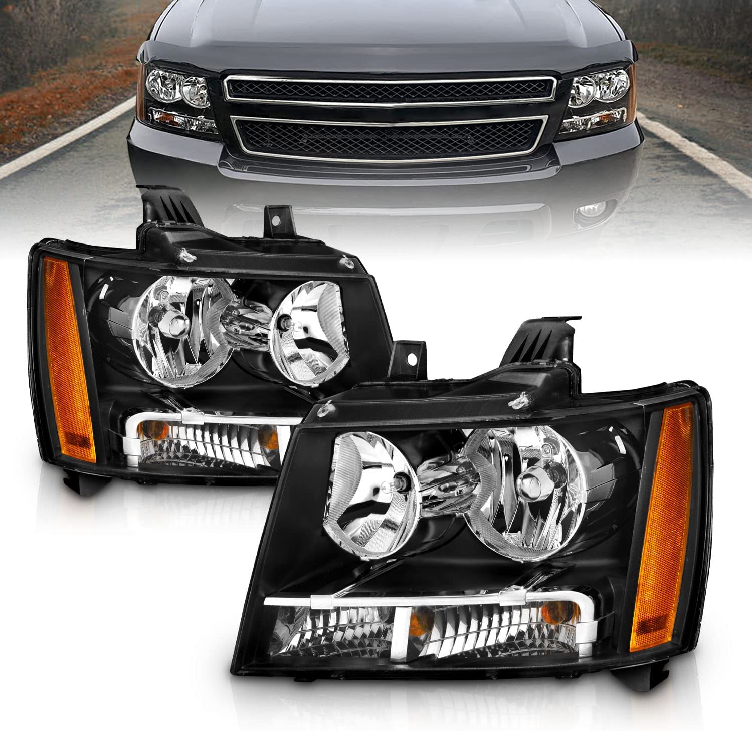 Amerilite Black Replacement Headlights For Chevy Tahoe Suburban Avalanche Pair Driver And Passenger Side Housing - JSI Racing 