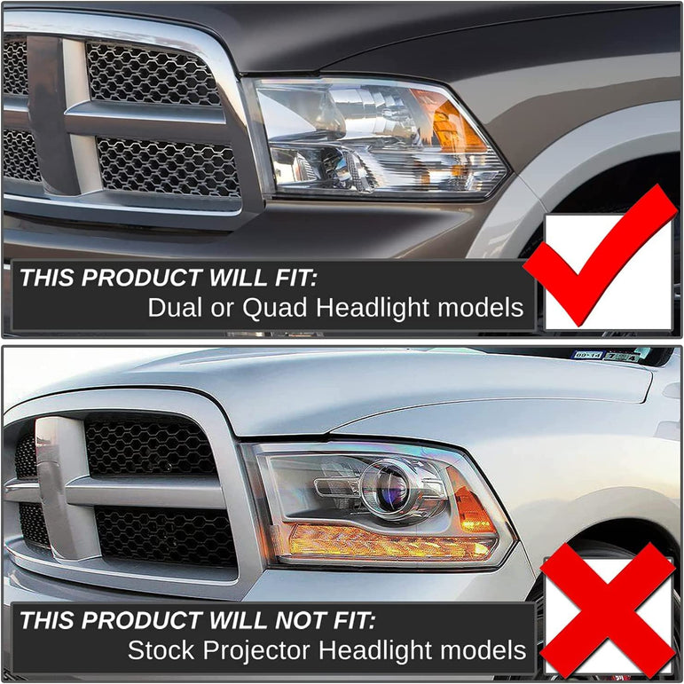 2009-2018 Dodge Ram Headlight Assembly Compatible with Ram 1500 / Ram 2500 3500 / 2010-2018 / Ram 2500 3500 / 2019-2021 Ram 1500 Classic, Chrome Housing Amber Reflector Replacement - JSI Racing 