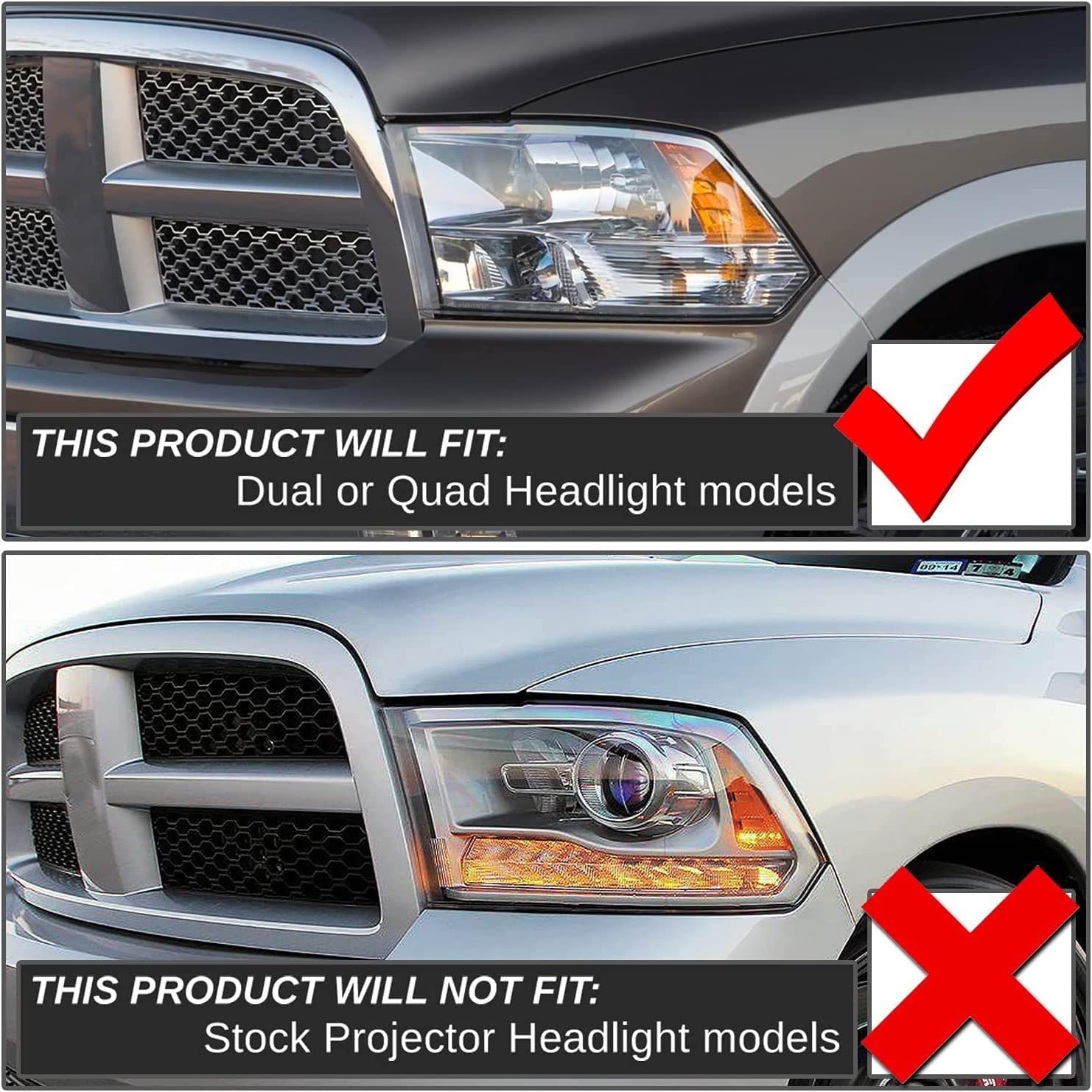2009-2018 Dodge Ram Headlight Assembly Compatible with Ram 1500 / Ram 2500 3500 / 2010-2018 / Ram 2500 3500 / 2019-2021 Ram 1500 Classic, Chrome Housing Amber Reflector Replacement - JSI Racing 