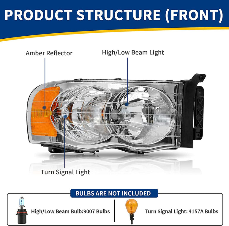 Headlights Assembly For 20022005 Dodge Ram Pickup Headlight Replacement Driving Light Chrome Housing Red Reflector Clear Lens - JSI Racing 