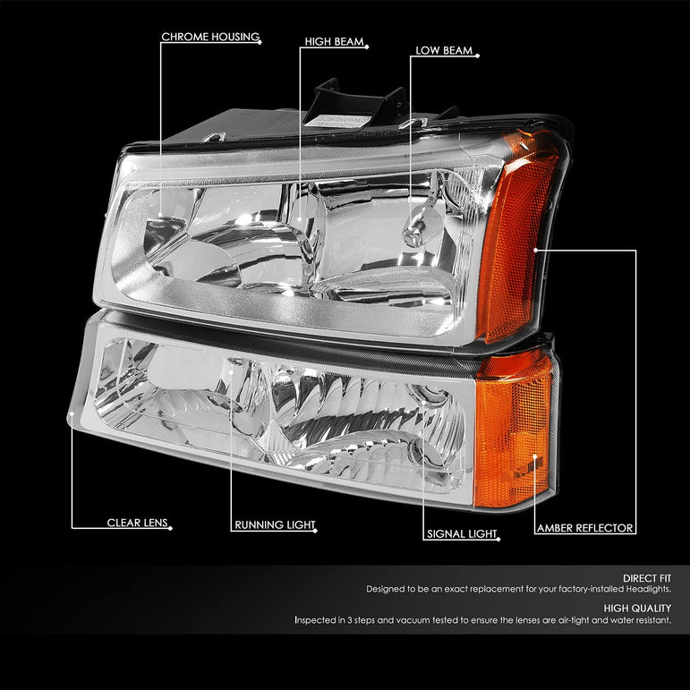 Dna Motoring Hlohcs034pcham Chrome Amber Headlights Compatible With 20032006 Chevy Silveradoavalanche - JSI Racing 