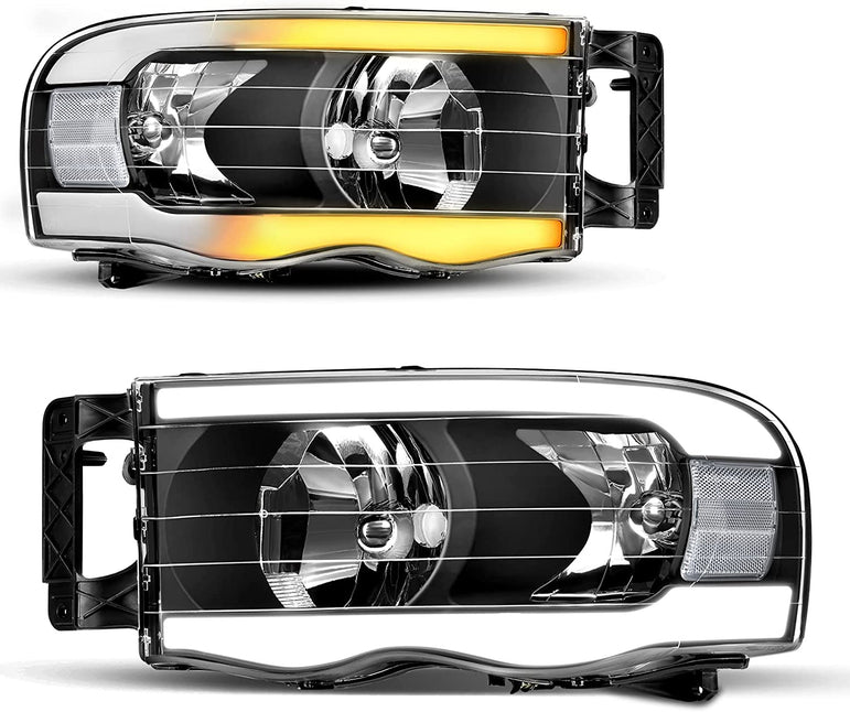 Headlights Assembly For 20022005 Dodge Ram Pickup Headlight Replacement Driving Light Chrome Housing Red Reflector Clear Lens - JSI Racing 