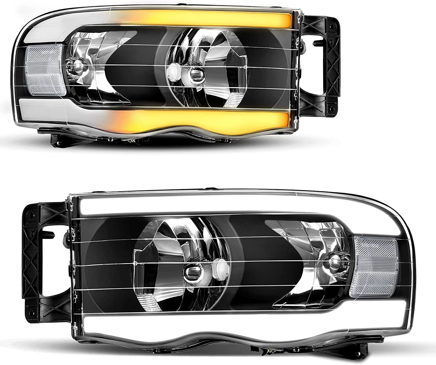 Headlights Assembly For 20022005 Dodge Ram Pickup Headlight Replacement Driving Light Chrome Housing Red Reflector Clear Lens - JSI Racing 