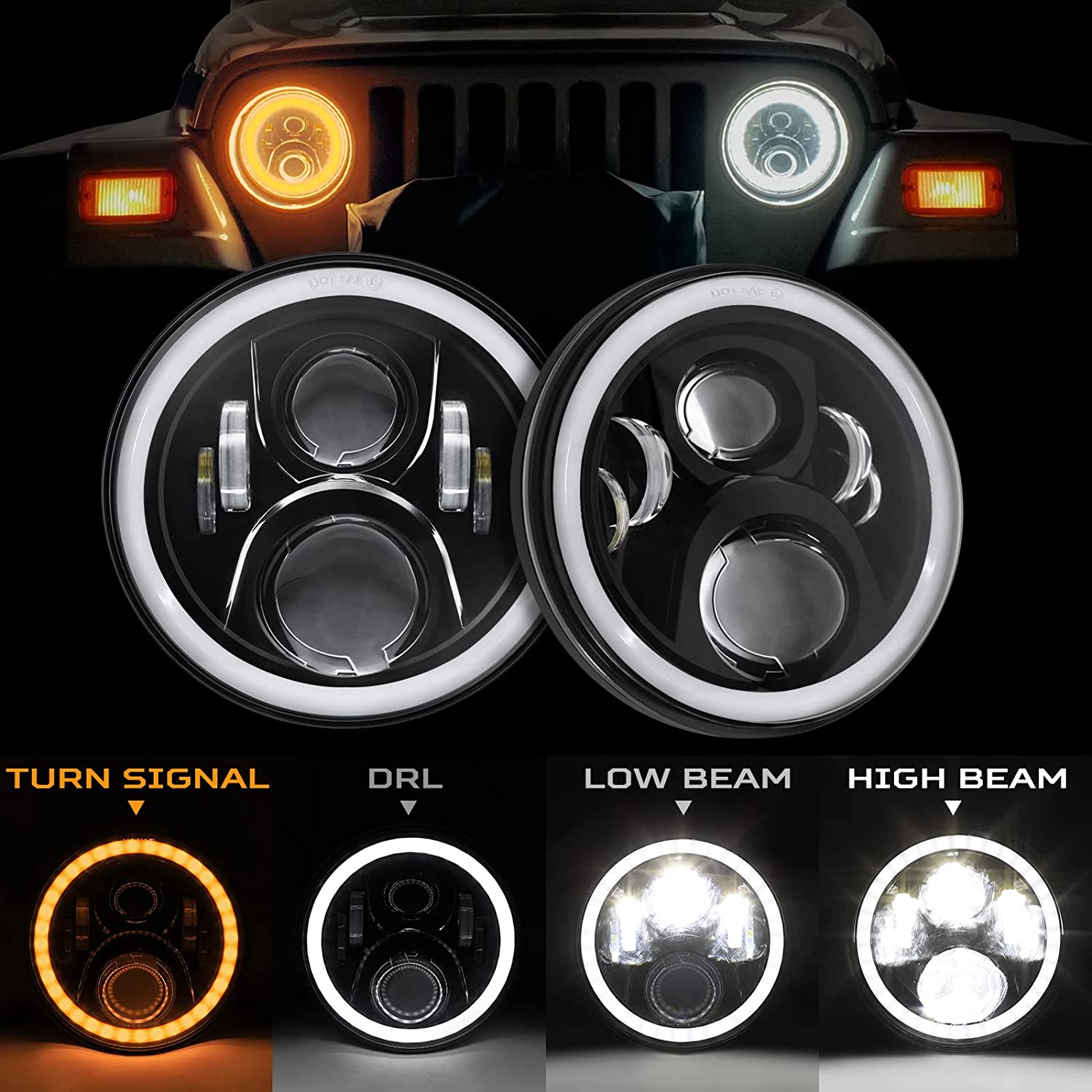 Haitzu 7 Inch LED Round Black Hilo Sealed Beam Headlight Dot Approved Compatible With Jeep Wrangler Jk Hummer H1 H2halo Amber Turn Light Drl H6024 Replacementincluded H4h13 Adaptor 2 Pcs - JSI Racing 