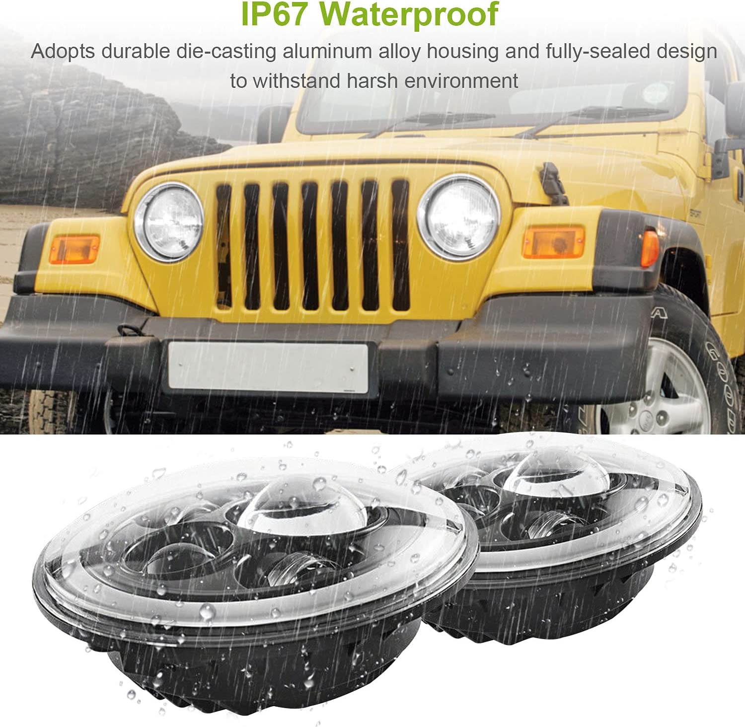 Moclever Round Halo LED Headlight 2pcs 7 Inch Headlights 6000 Lumens Offroad Light Angle Eyes Compatible With Jep Wrangler Tj Jk Cj H4 To H13 Adapter Plug And Play - JSI Racing 