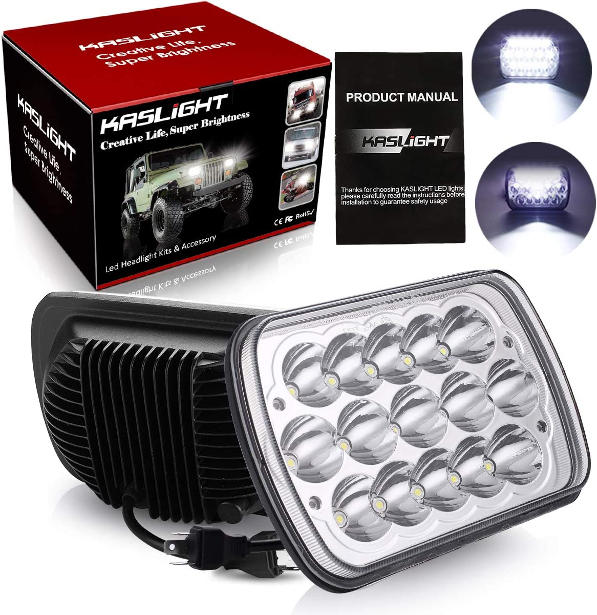 H5054 Kaslight 5x7 LED Headlights 7x6 Highlow Beam Sealed H4 9003 6054 Socket For Jeep Wrangler Yj Xj S10 Pickup Chevy Blazer Express Vancherokee Truck Ford E250 - JSI Racing 
