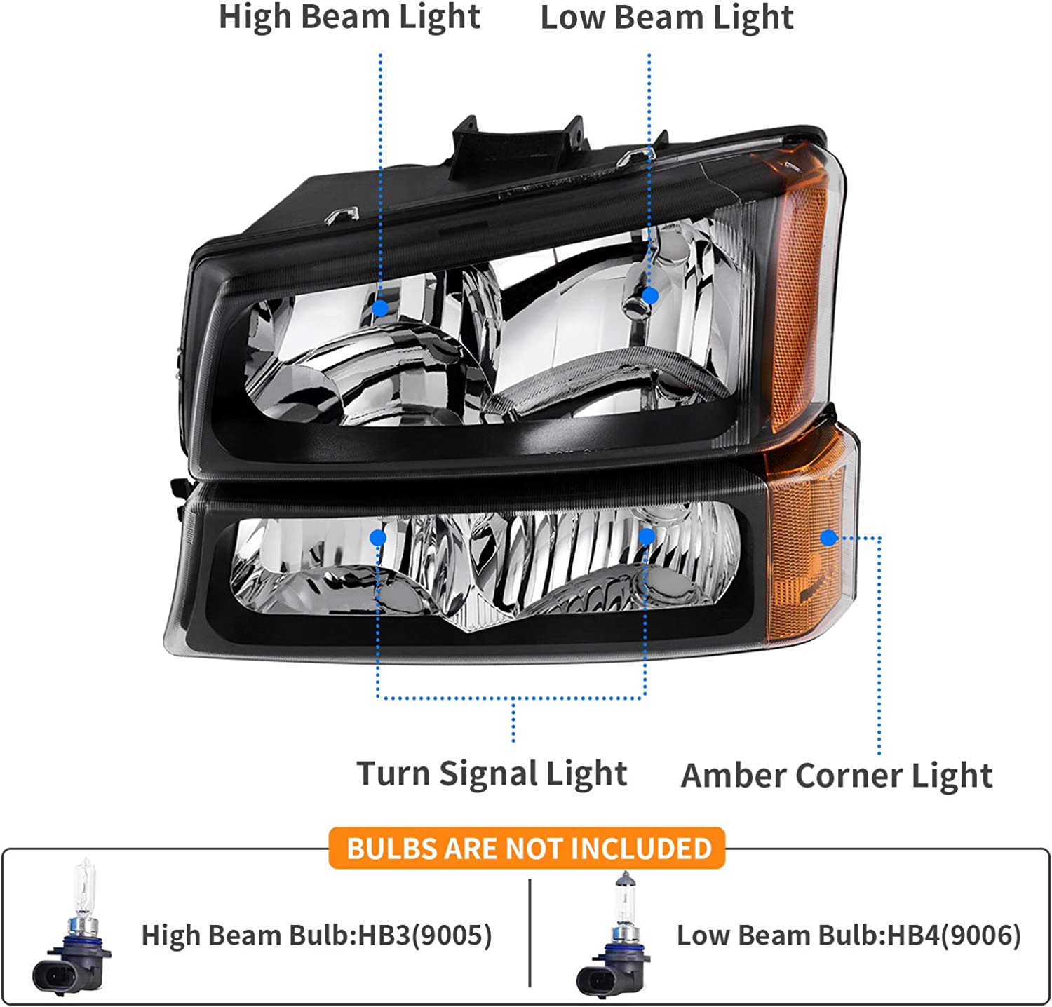 Dwvo Headlight Assembly Compatible With Chevy Silverado Avalanche 1500 2500 3500 Black Clear Housing - JSI Racing 