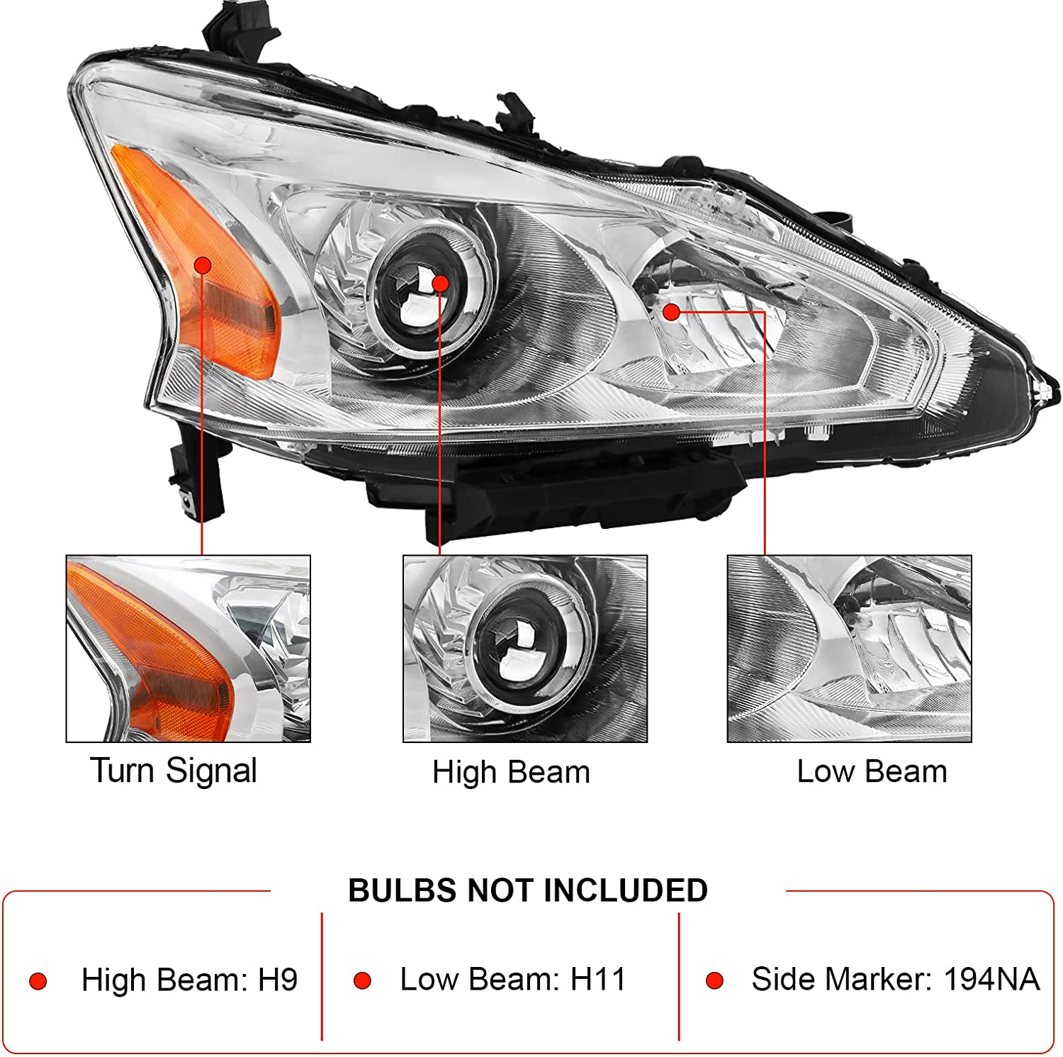 Alziria Headlight Assembly Compatible With 20132015 Nissan Altima Sslsv Only Fit 4door Chrome Housing Amber Reflector - JSI Racing 