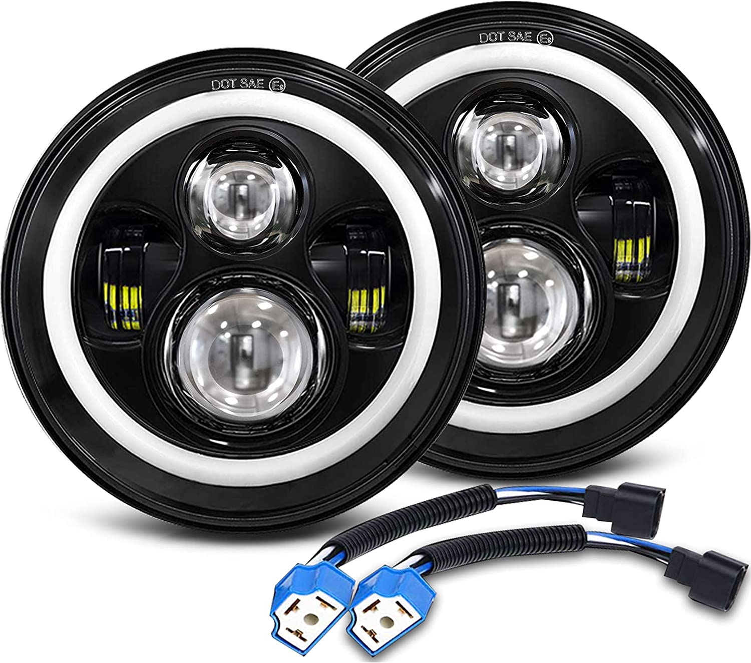 MGLLIGHT 7 Inch Round LED Headlights Halo Angel Eyes DRL Amber Turn Signal Lights H6024 High/Low Sealed Beam LED Headlights Compatible with Jeep Wrangler JK LJ CJ TJ with H4 H13 Adapter, 2PCS - JSI Racing 