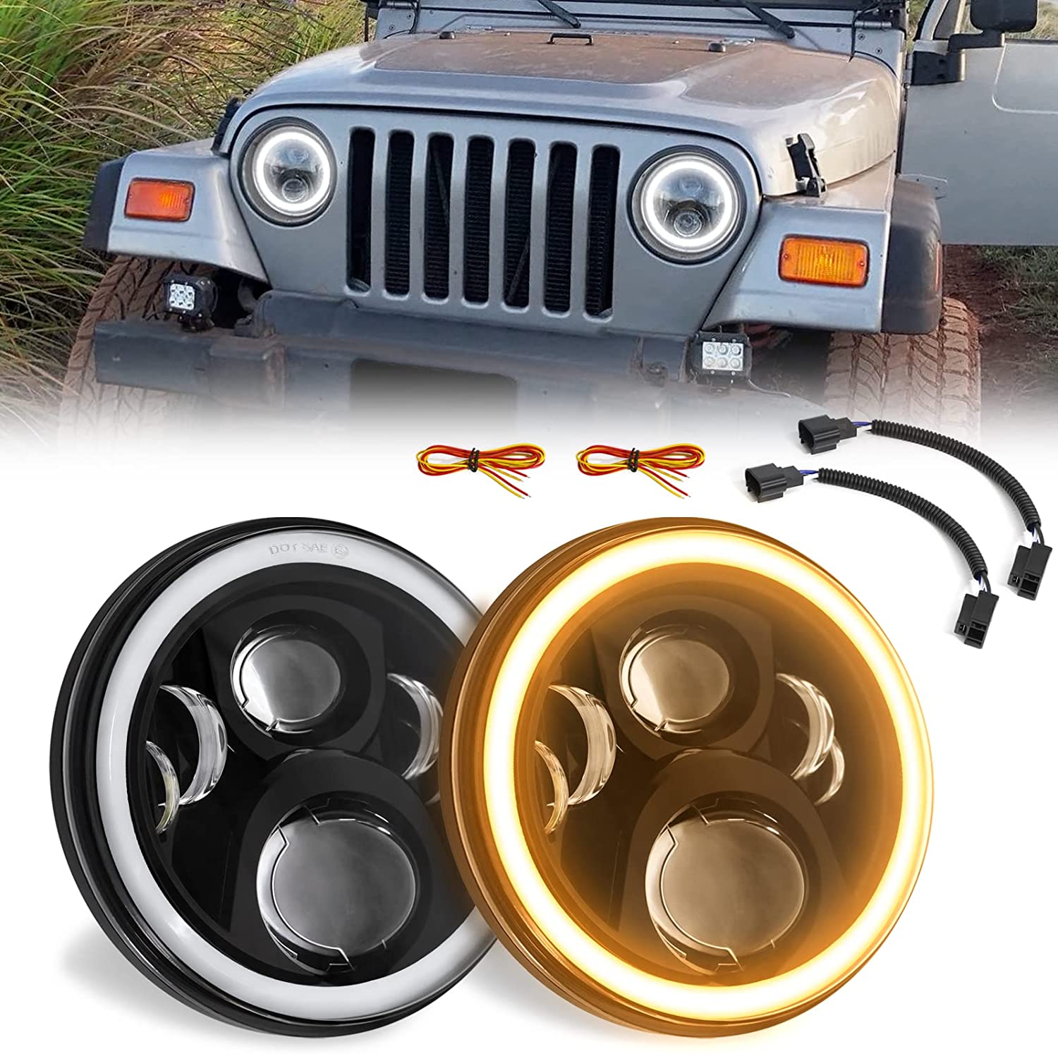 Haitzu 7 Inch LED Round Black Hilo Sealed Beam Headlight Dot Approved Compatible With Jeep Wrangler Jk Hummer H1 H2halo Amber Turn Light Drl H6024 Replacementincluded H4h13 Adaptor 2 Pcs - JSI Racing 