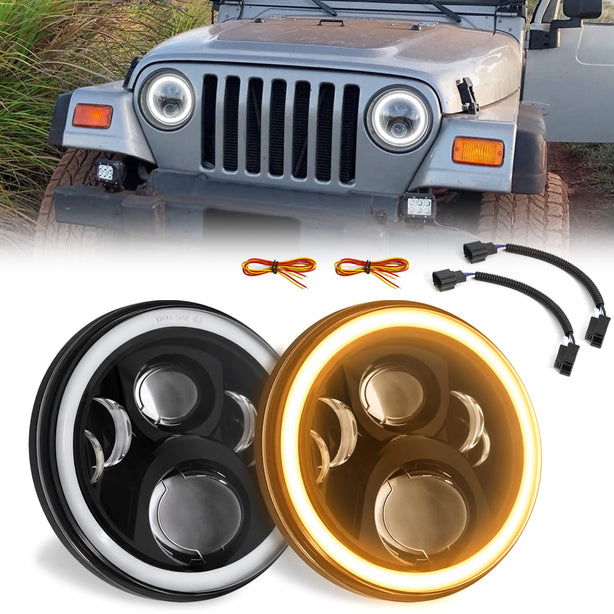 Haitzu 7 Inch LED Round Black Hilo Sealed Beam Headlight Dot Approved Compatible With Jeep Wrangler Jk Hummer H1 H2halo Amber Turn Light Drl H6024 Replacementincluded H4h13 Adaptor 2 Pcs - JSI Racing 