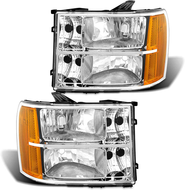 2007-2014 Sierra Headlight Assembly Compatible with 2007-2014 GMC Sierra 1500 / 07-14 GMC Sierra 2500HD 3500HD Chrome Housing with Amber Reflector Replacement Left and Right - JSI Racing 