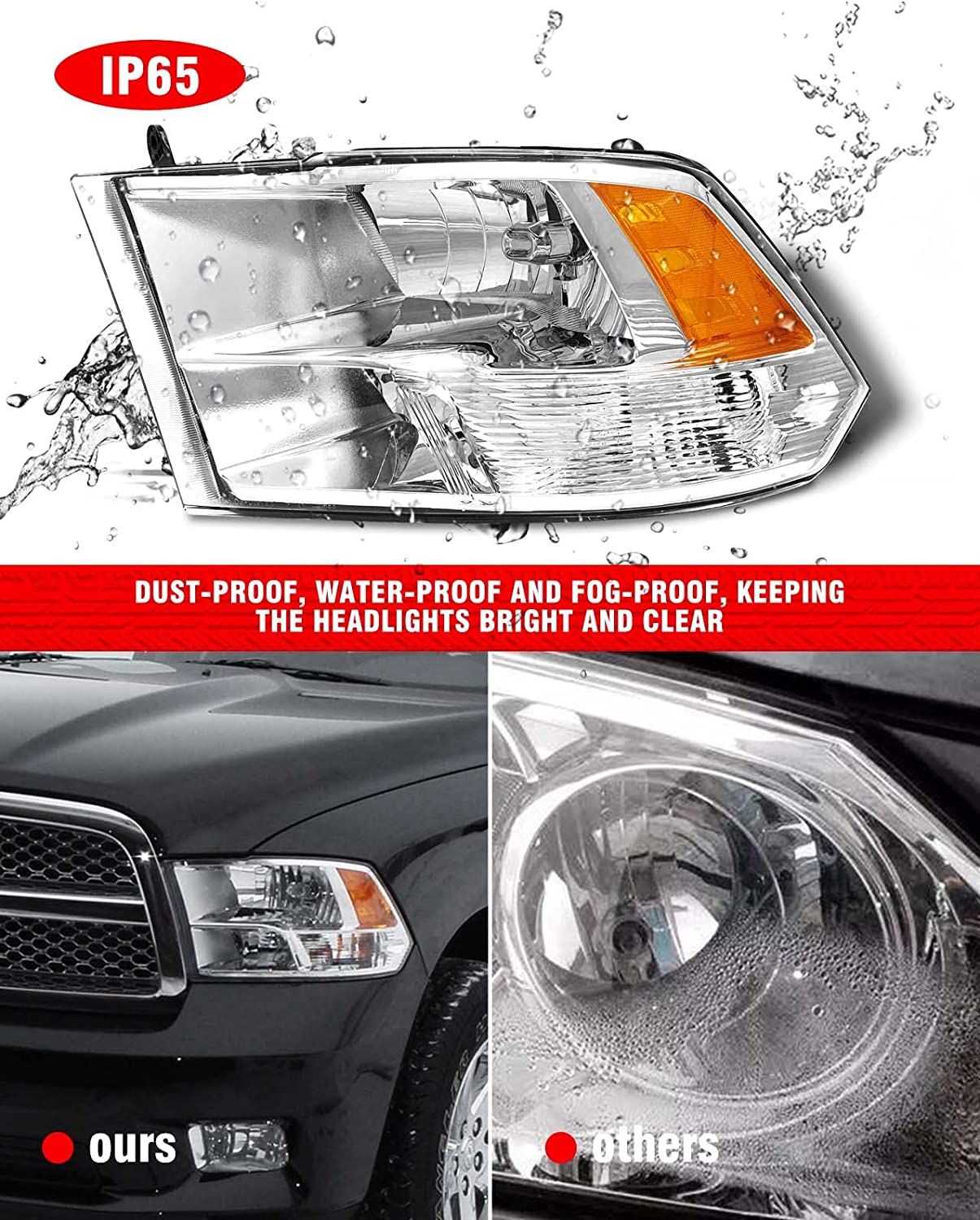 2009-2018 Dodge Ram Headlight Assembly Compatible with Ram 1500 / Ram 2500 3500 / 2010-2018 / Ram 2500 3500 / 2019-2021 Ram 1500 Classic, Chrome Housing Amber Reflector Replacement - JSI Racing 