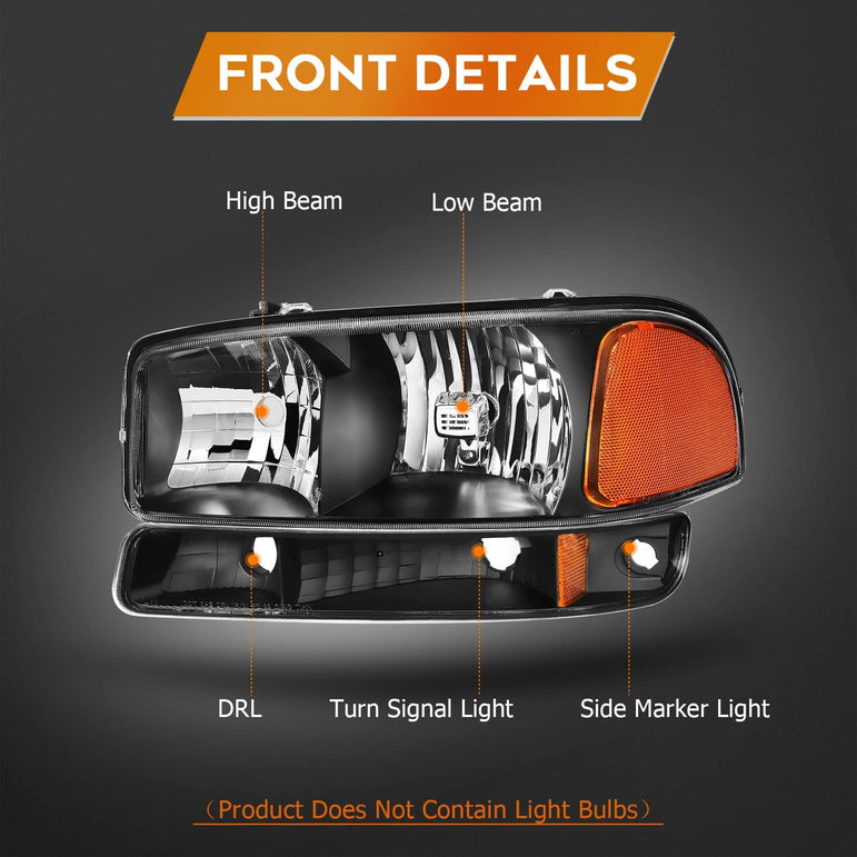 Lbrst Headlight Assembly For Gmc Sierra 1500 19992006 Classic 2007 2500 19992004 Black Housing Amber Reflector Clear Lens Driver And Passenger Side Headlamp - JSI Racing 