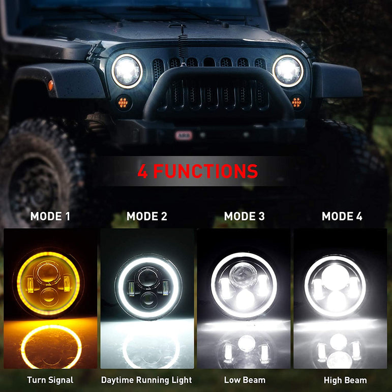 7 Inch H6024 Round LED Headlights Black High Low Sealed Beam H4h13 Adapter Compatible With Jeep Wrangler Jk Tj Lj Cj Hummber H1 H2 Pair - JSI Racing 