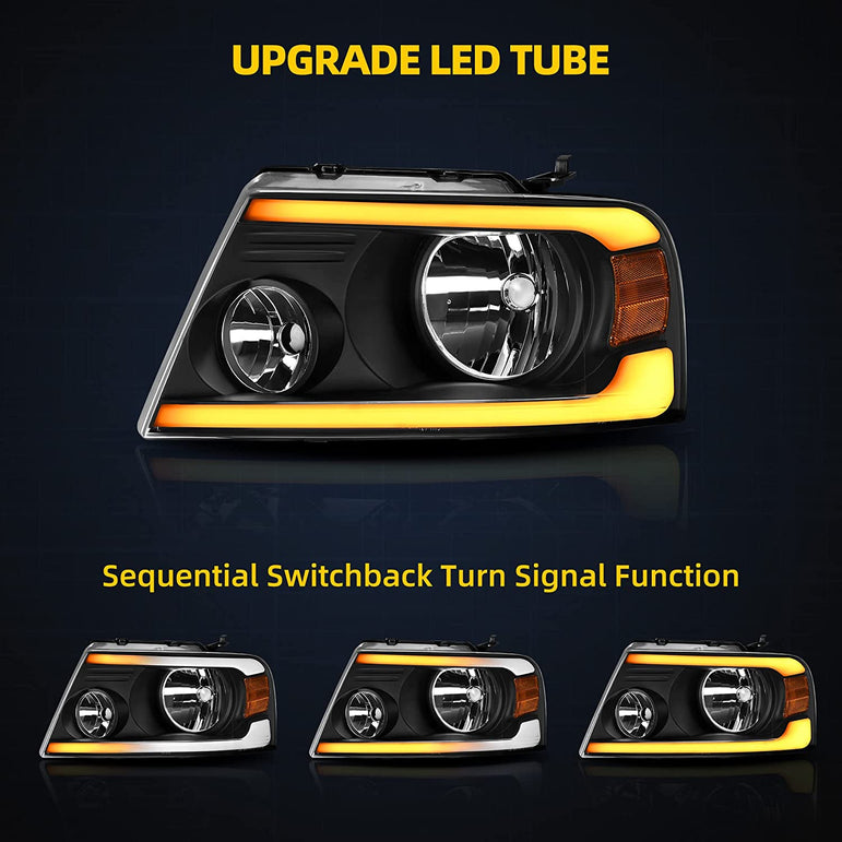 2004-2008 Ford F150 Switchback Turn Signal Headlights With Black Housing - JSI Racing 