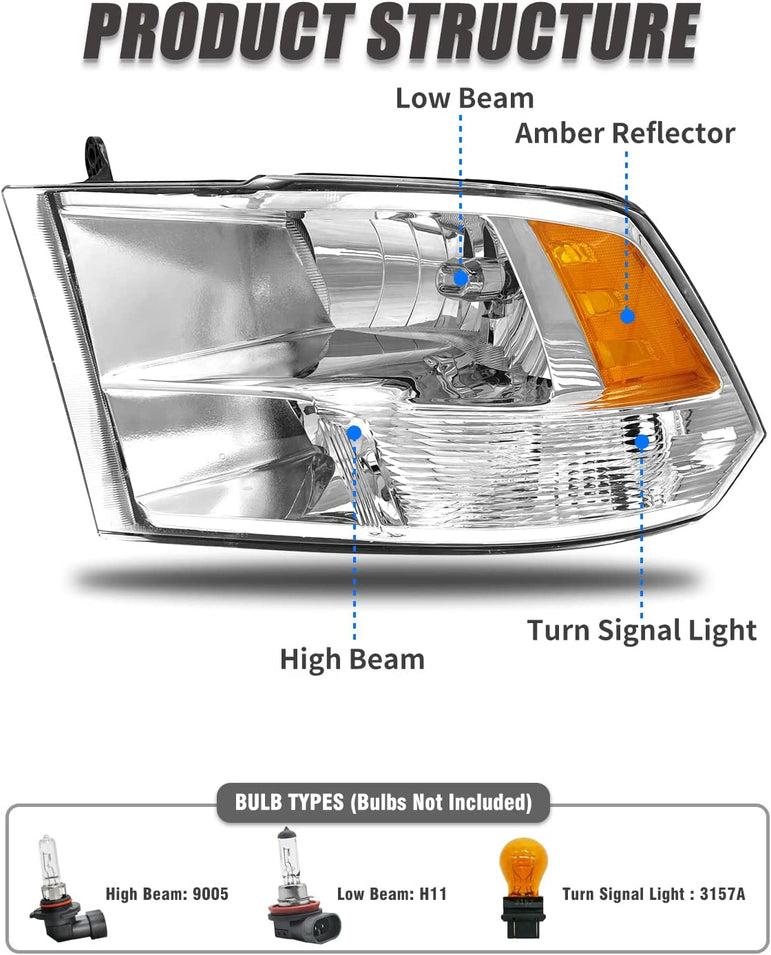 2009-2018 Dodge Ram Headlight Assembly Compatible with Ram 1500 / Ram 2500 3500 / 2010-2018 / Ram 2500 3500 / 2019-2021 Ram 1500 Classic, Chrome Housing Amber Reflector Replacement - JSI Racing 